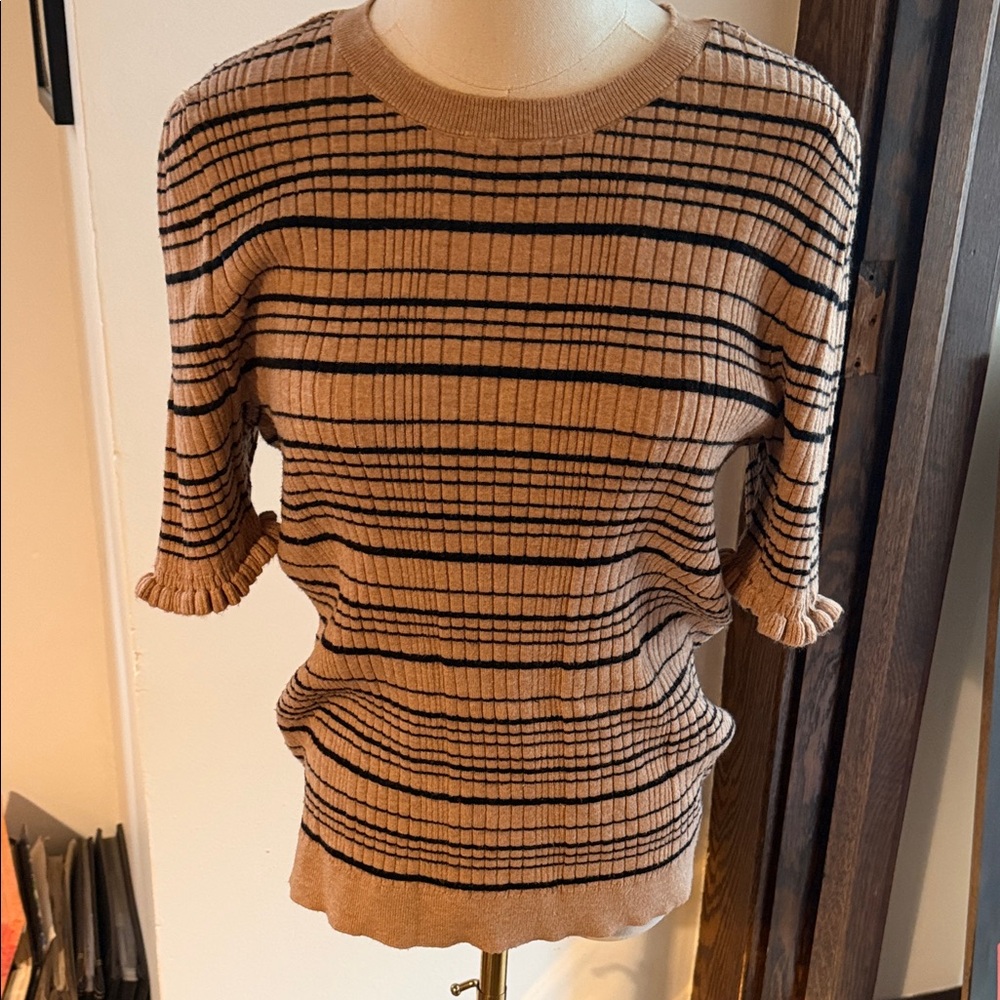 Elegant Tan and Black Striped Women's Crew Neck Sweater